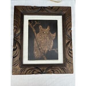 Vintage 1973 Owl Picture In Carved Wood Frame